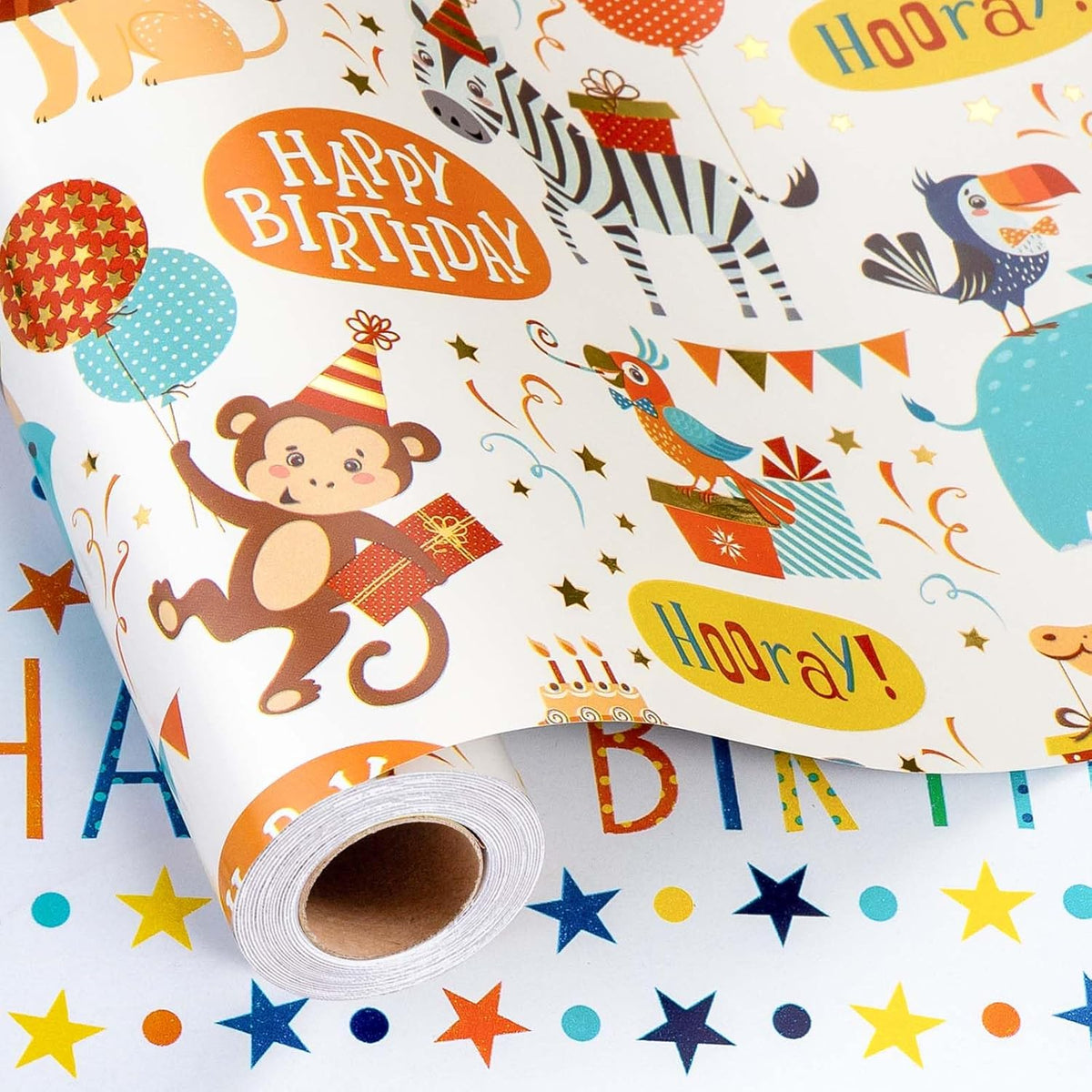 Birthday Wrapping Paper, 17 Inch X 32.8 Feet Cute Monkey Giraffe Animal Themed Balloon Happy Birthday Lettering Gift Wrap For Boy, Girl, Baby Shower, Newborn Celebration