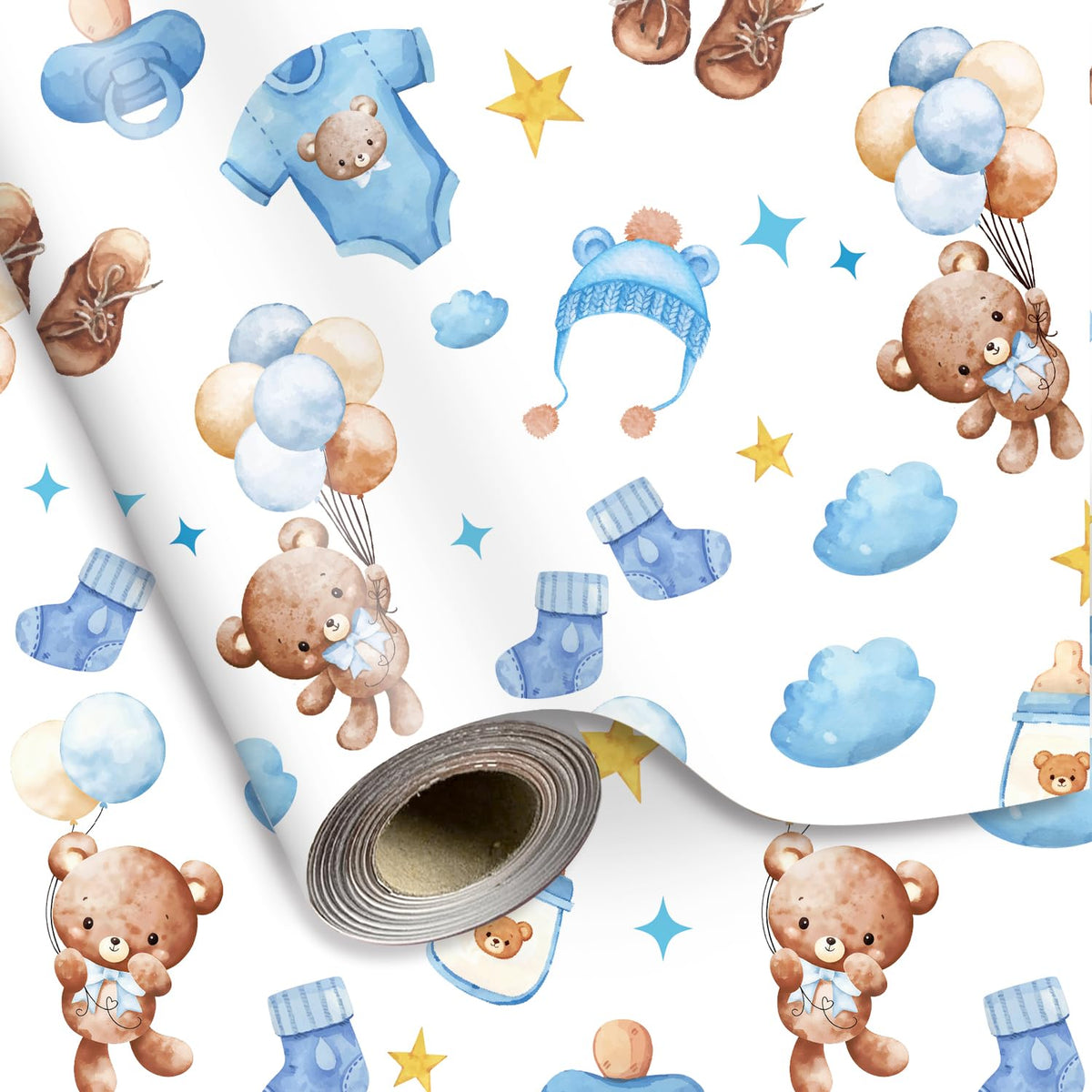 Baby Shower Wrapping Paper -Mini Roll- 17 Inch X 32.8Ft Watercolor Blue Brown Balloon Bear Clothesline Gift Wrap Paper For Baby Birthday Gender Reveal Diy Crafts
