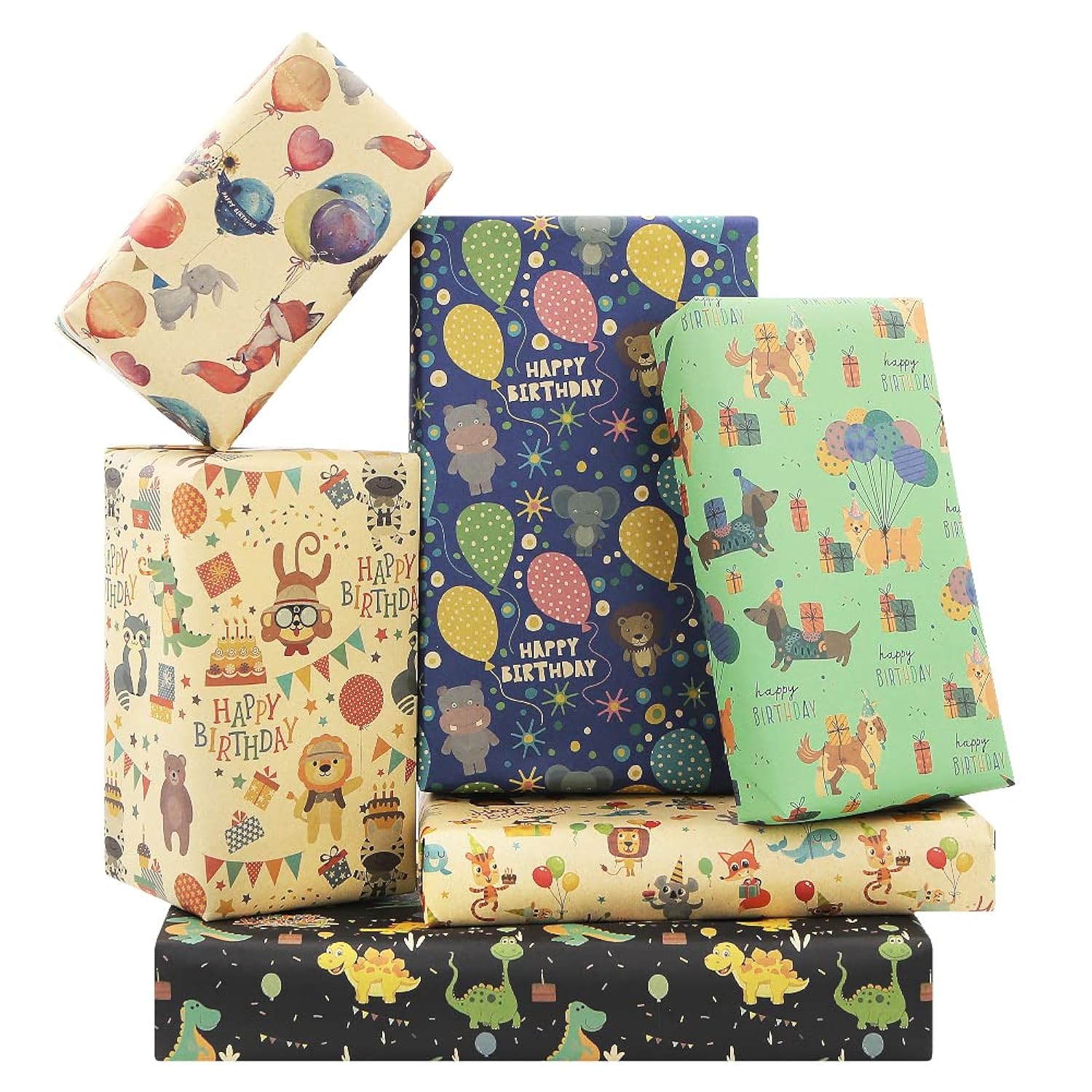 Birthday Wrapping Paper For Boys Kids Girls, Happy Animals Party Dinosaur Design Kraft Gift Wrap Paper, Happy Birthday Wrapping Paper 6 Sheets Folded Flat 20X28 Inches Per Sheet