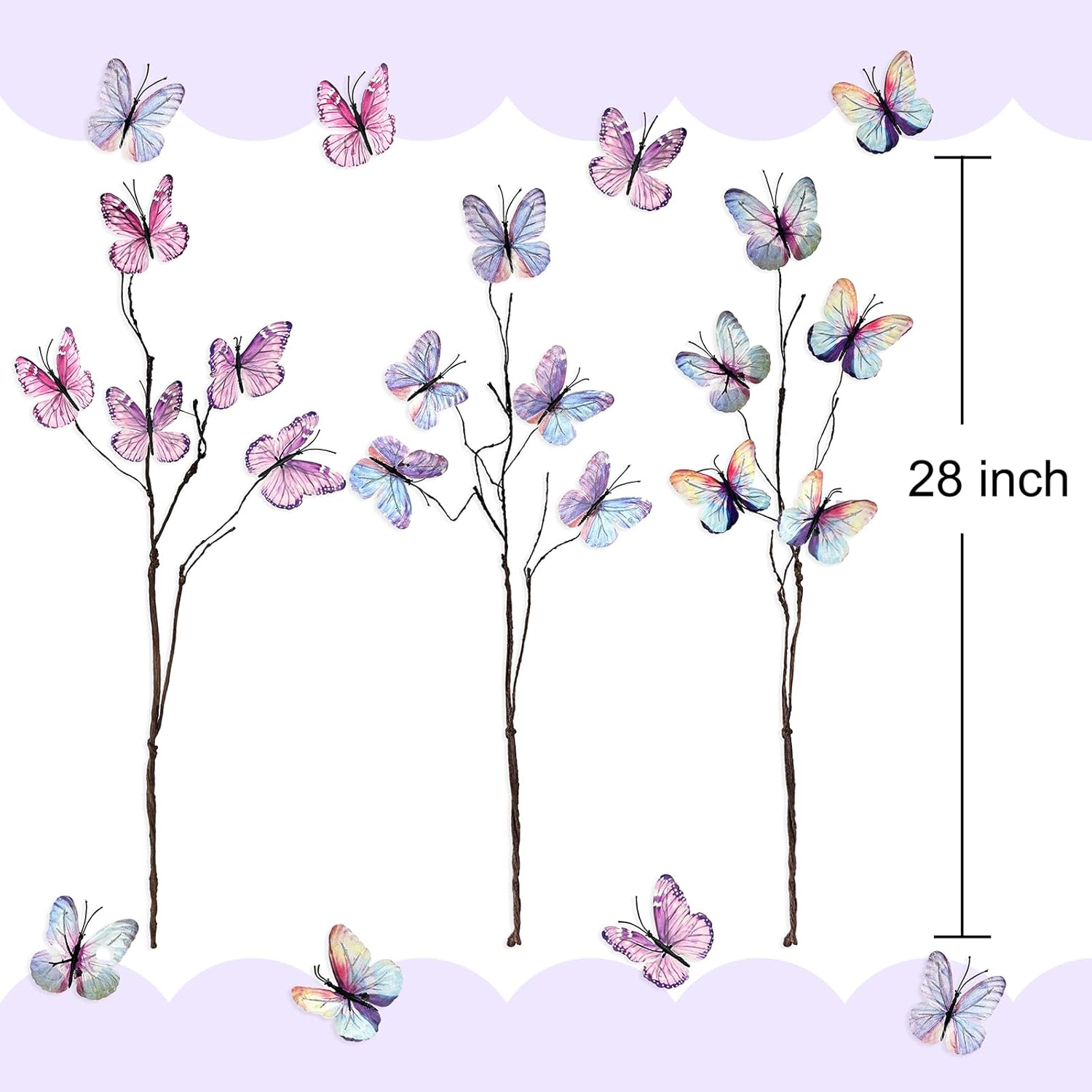 Purple Butterfly Decorations, Silk Butterfly Stems Artificial Willow Branches With Butterflies For Vase Floral Arrangements For Wedding Home Office Party Decoration (Pack Of 3)