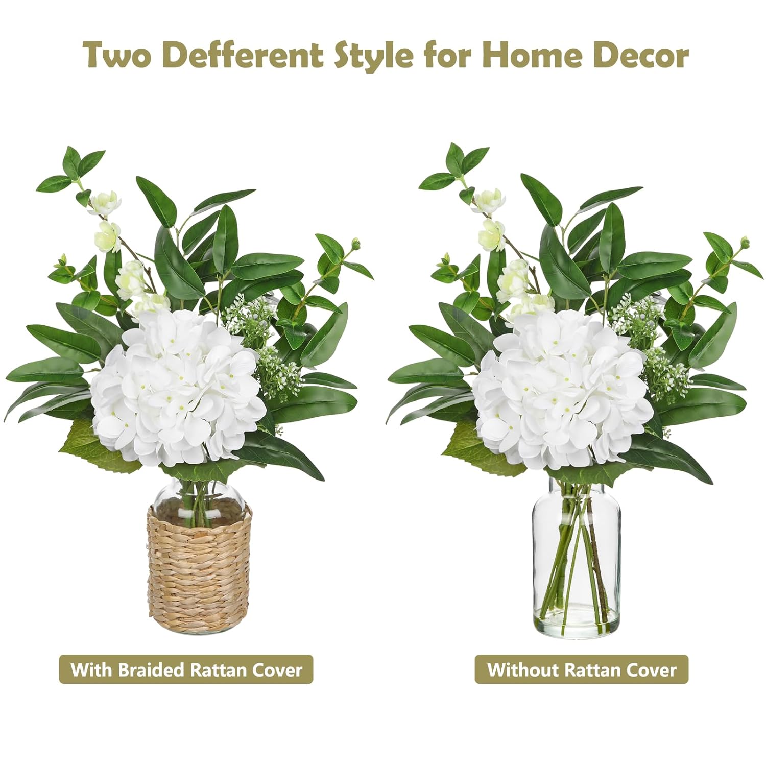 Fake Flowers In Vase With Faux Water, Hydrangea Artificial Flowers In Vase With Eucalyptus, Fake Flower Arrangements For Living Room, Bathroom, Dining Table Home Decor Wedding Centerpieces, White