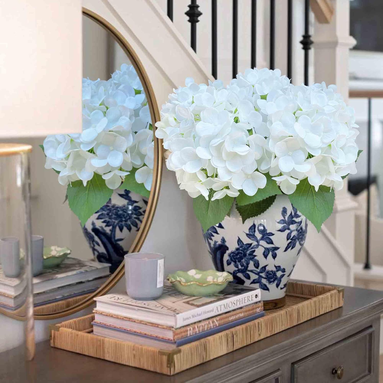 4Pcs 23 Inch Hydrangea Artificial Flowers?Large White Real Touch Hydrangeas?Fake Soft Hydrangeas With Leaves Stems - White