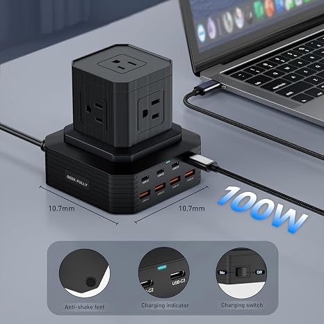 100W 13-in-1 USB-C Power Strip Surge Protector 5 AC Outlets 8 USB Ports 6.6FT Cord