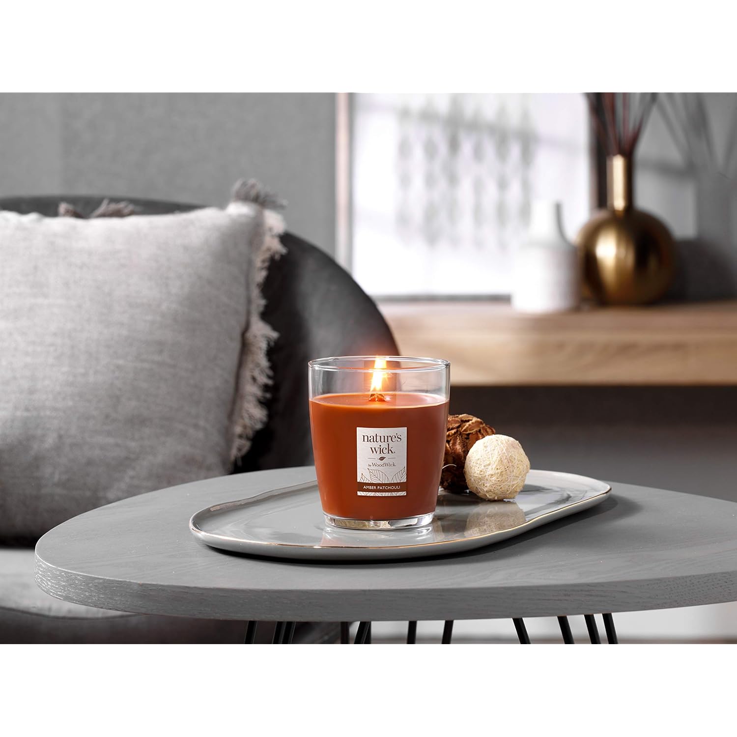 Woodwick Amber Patchouli Scented Candle, 10Oz With Wooden Lid, Crackles At It Burns