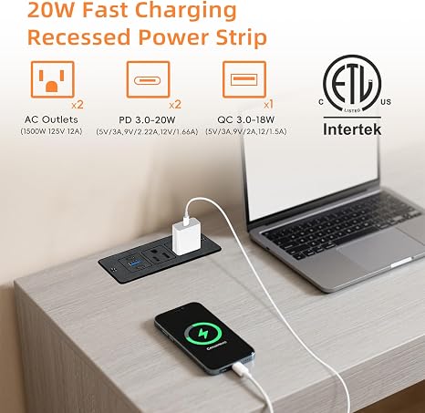 Recessed Furniture Power Strip Flush Mount Desk Outlet with 20W USB-C and 6 ft Cord