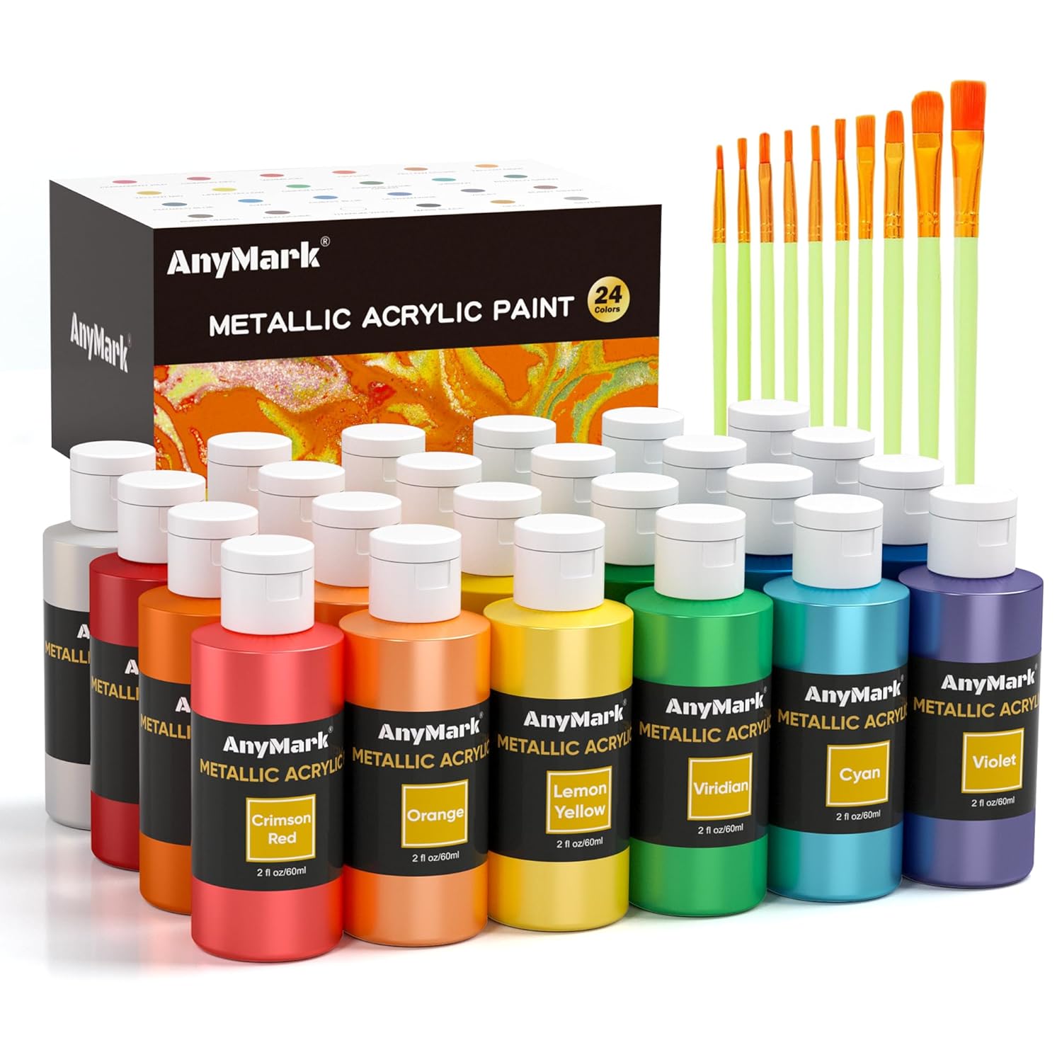 Metallic Acrylic Paint, 24 Colors With 10 Brushes, 2 Fl Oz/60Ml Bottles, Glitter Acrylic Paint Set For Kids Adults Canvas, Rock, Wood