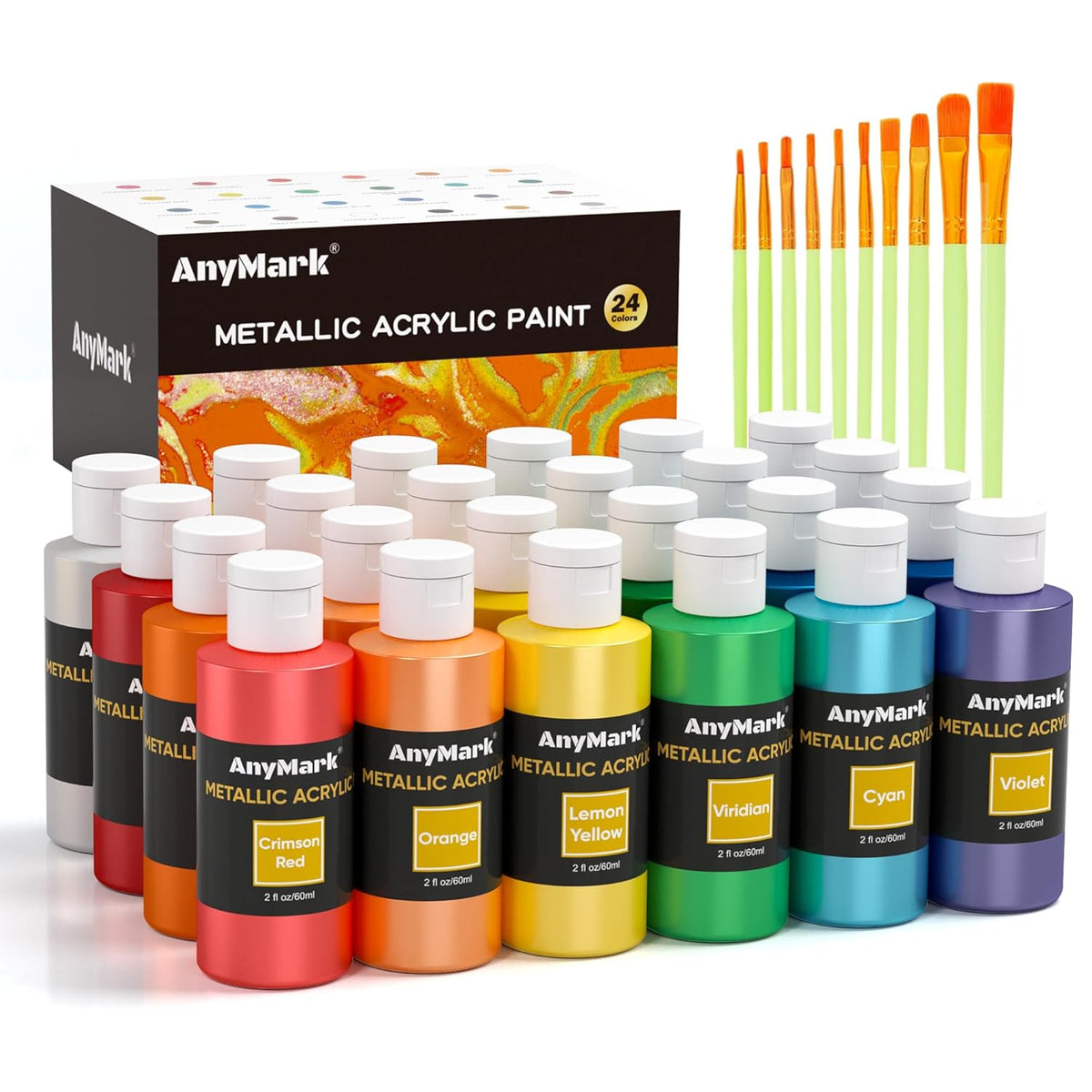 Metallic Acrylic Paint, 24 Colors With 10 Brushes, 2 Fl Oz/60Ml Bottles, Glitter Acrylic Paint Set For Kids Adults Canvas, Rock, Wood
