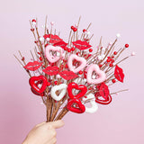 6Pcs Valentine'S Picks, Valentine Floral Picks Heart Lip Stems With With Red Pink White Berries, Valentines Day Artificial Flowers Arrangement For Valentines Wedding Gifts Home Decor