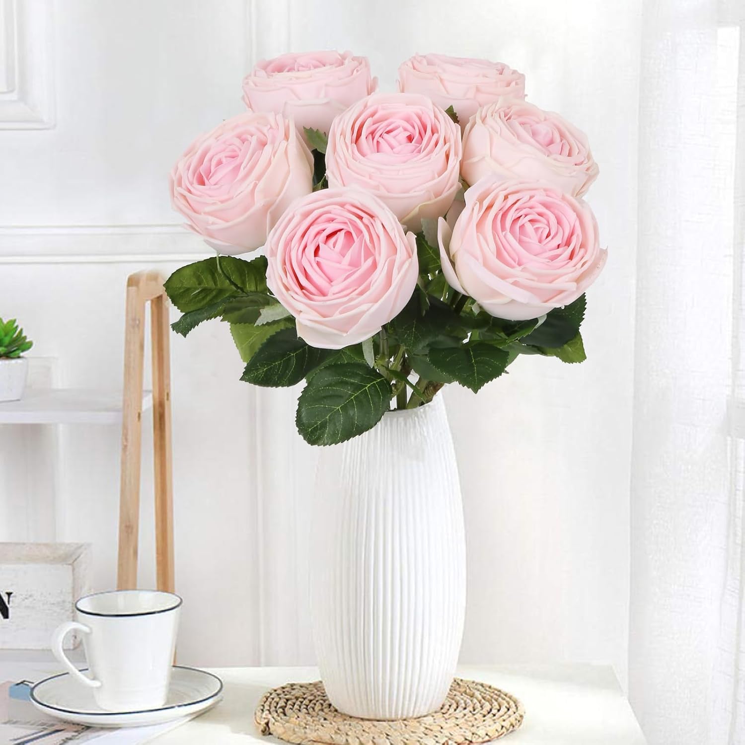 Pink Artificial Roses Real Touch Flowers 5Pcs Latex Silk Realistic Pink Roses Artificial Flowers For Bridal/Baby Shower Decorations Wedding Centerpieces For Table Party Decor (Light Pink)