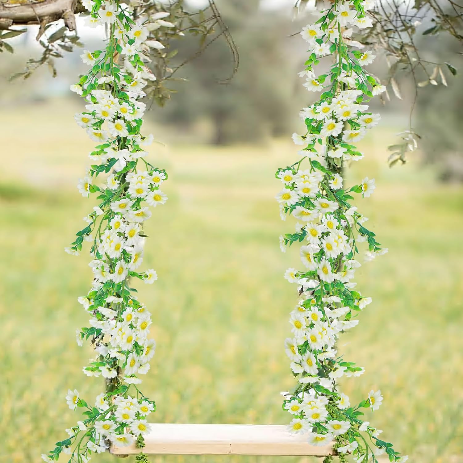 Artificial Daisy Flowers Vine Silk Wildflower Garland Spring Fake Flower Vine Hanging Ivy White Daisy Flowers Green Leaves For Wall Party Wedding Arch Floral Decor Home Indoor Outdoor Ceremony