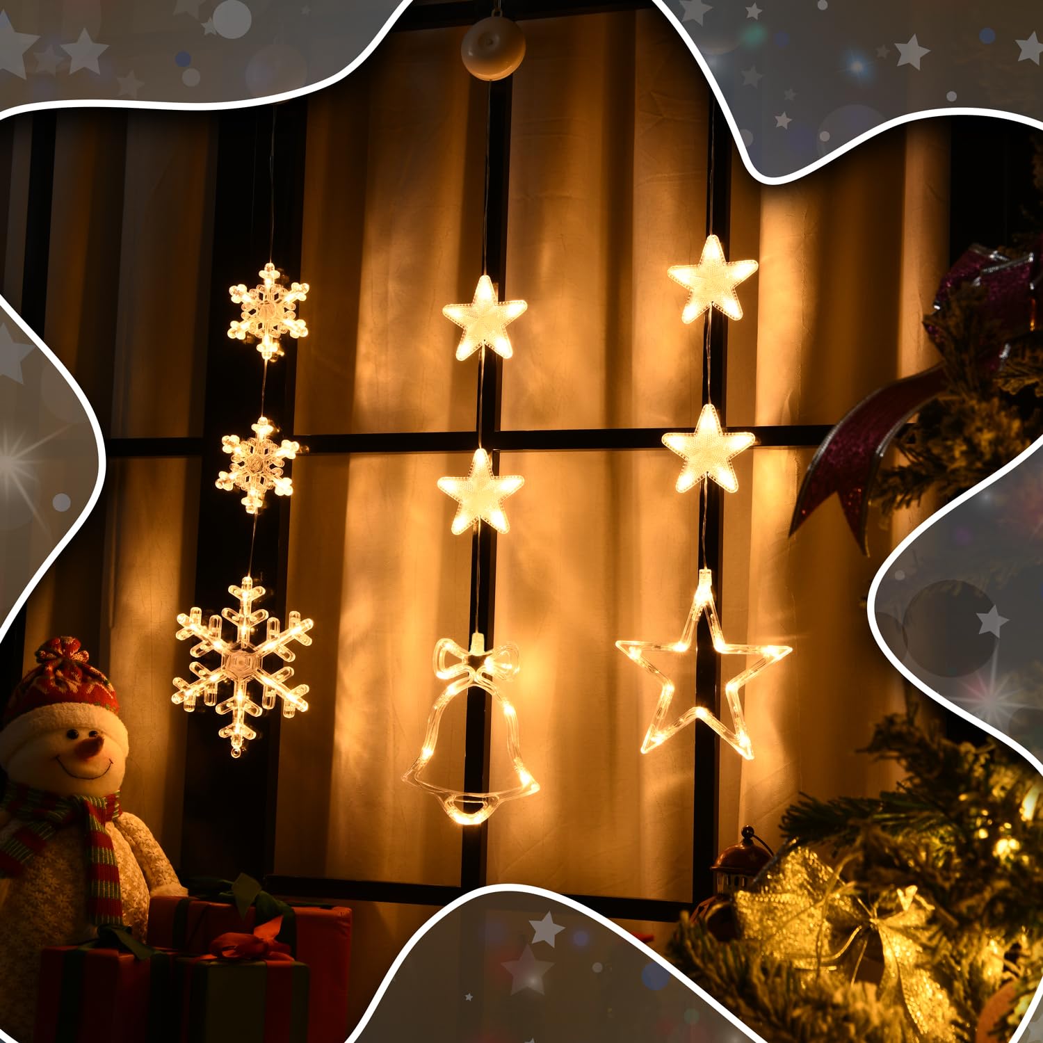 Christmas Window Lights Decorations Battery Operated With Suction Cup Couple, 3 Pack Snowflakes Bells And Stars Christma