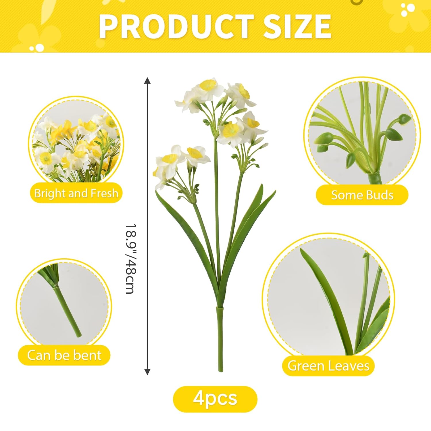 4Bundles Artificial Daffodils Flowers Fake Silk Daffodil Flower Faux Narcissus Spring Flowers For Wedding Bridal Bouquet Wreath Home Garden Decor (Yellow And White)