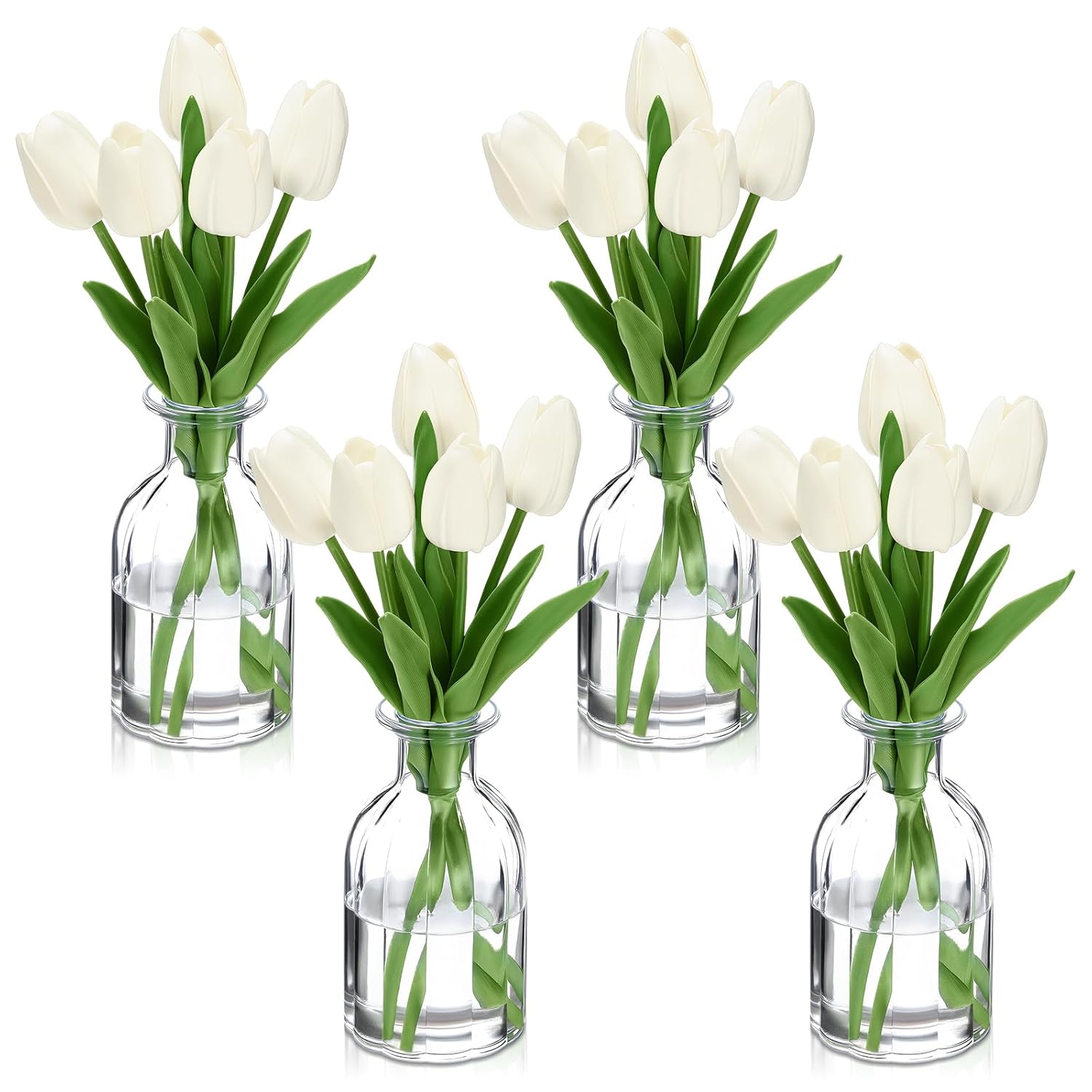 4 Sets Artificial Tulips With Clear Vase 20Pcs 14 Inches White Faux Tulips 4 Glass Vase Real Touch Tulip Fake Flowers For Spring Home Kitchen Wedding Centerpiece Decoration
