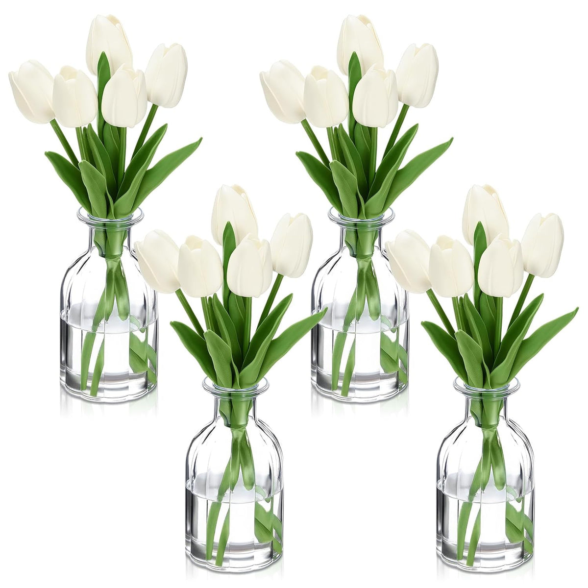 4 Sets Artificial Tulips With Clear Vase 20Pcs 14 Inches White Faux Tulips 4 Glass Vase Real Touch Tulip Fake Flowers For Spring Home Kitchen Wedding Centerpiece Decoration