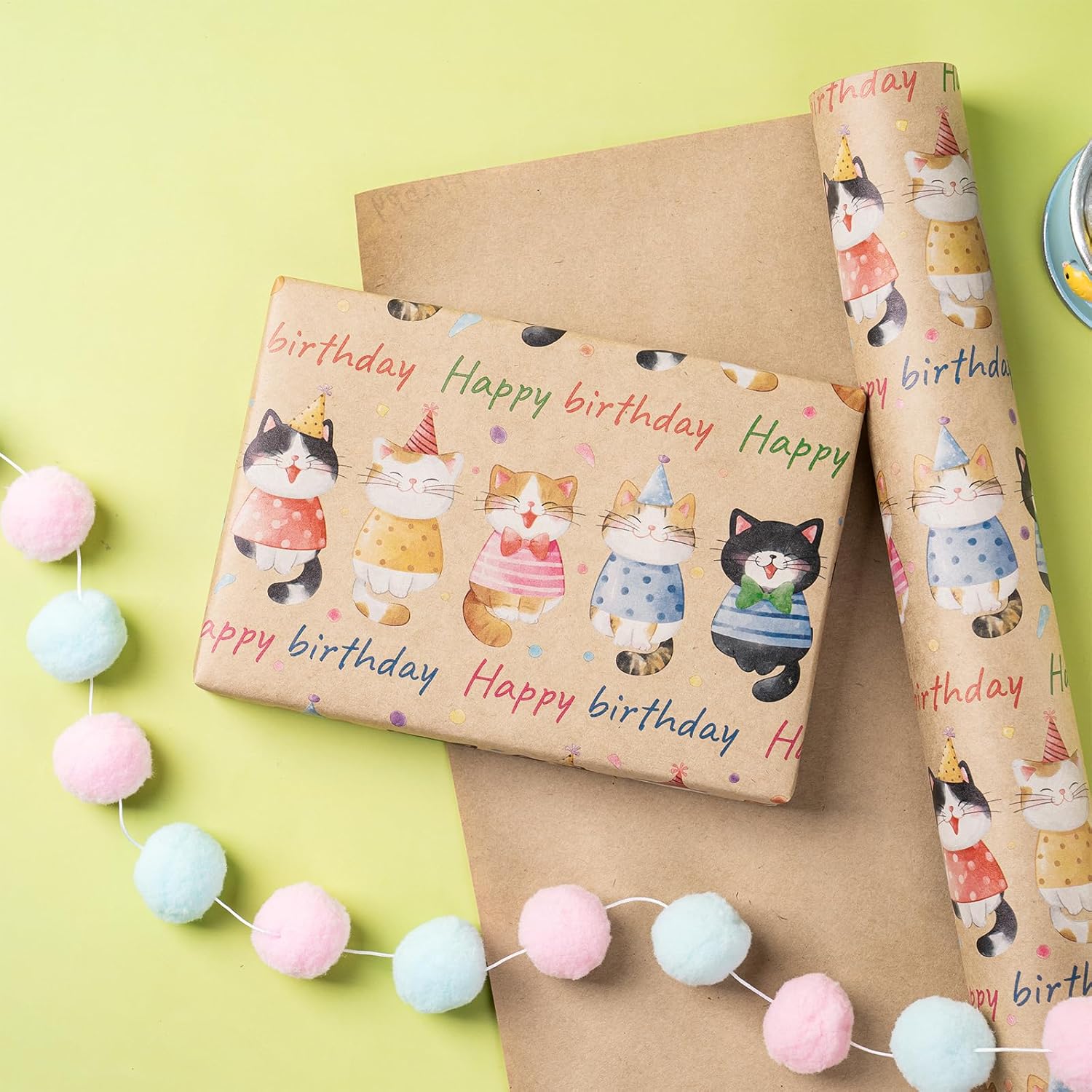 Birthday Wrapping Paper Roll For Boys Girls, Mini Roll, Adorable Cat Kitty Gift Wrap Paper, Colorful Happy Birthday Kraft Paper For Kids' Birthday, Cat Lovers Celebrations, 17 In X 16.4 Ft