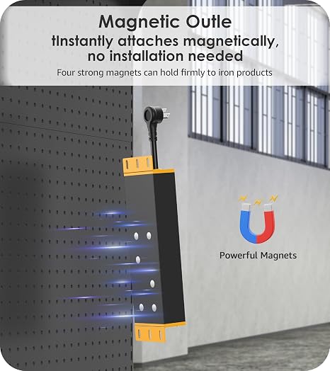 Magnetic Heavy Duty Yellow Power Strip with 8 Outlets and 6FT Cord for Garage and Workshop