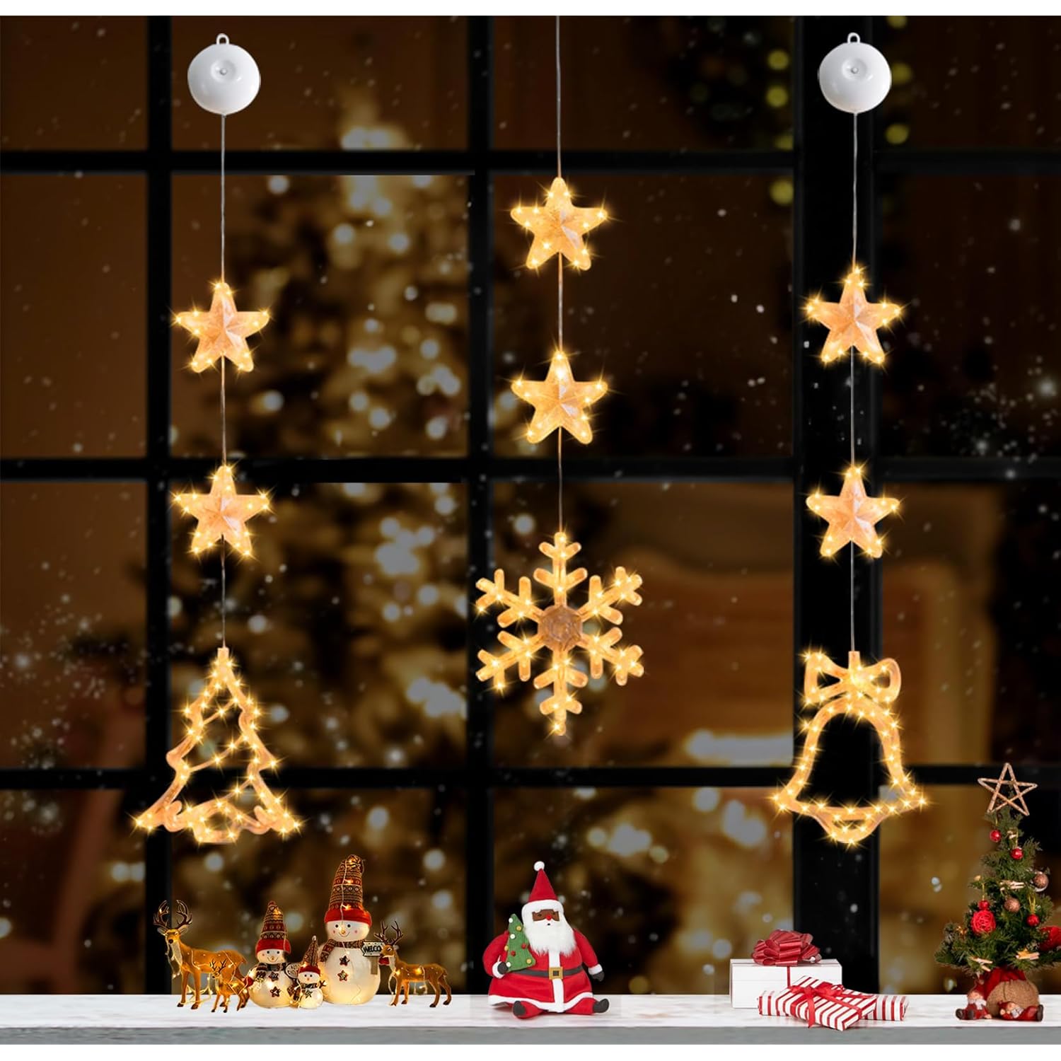 Christmas Decorations Lights, 3 Pack Christmas Led Window Lights With Suction Cup, Battery Operated Hanging Window Strin
