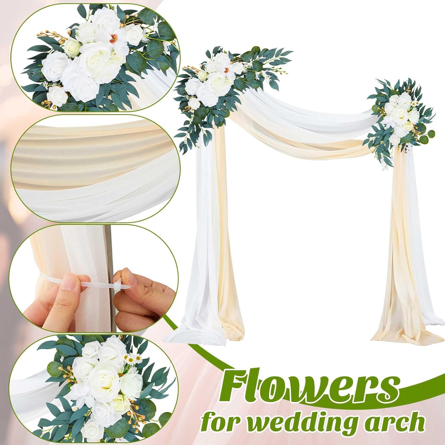 4 Pcs Wedding Arch Flowers And Drape Kit Include 2 Artificial Floral Swag And 2 White Chiffon Drapes, Faux Flower Set For Diy Wedding Party Reception Ceremony Backdrop Rose Decoration