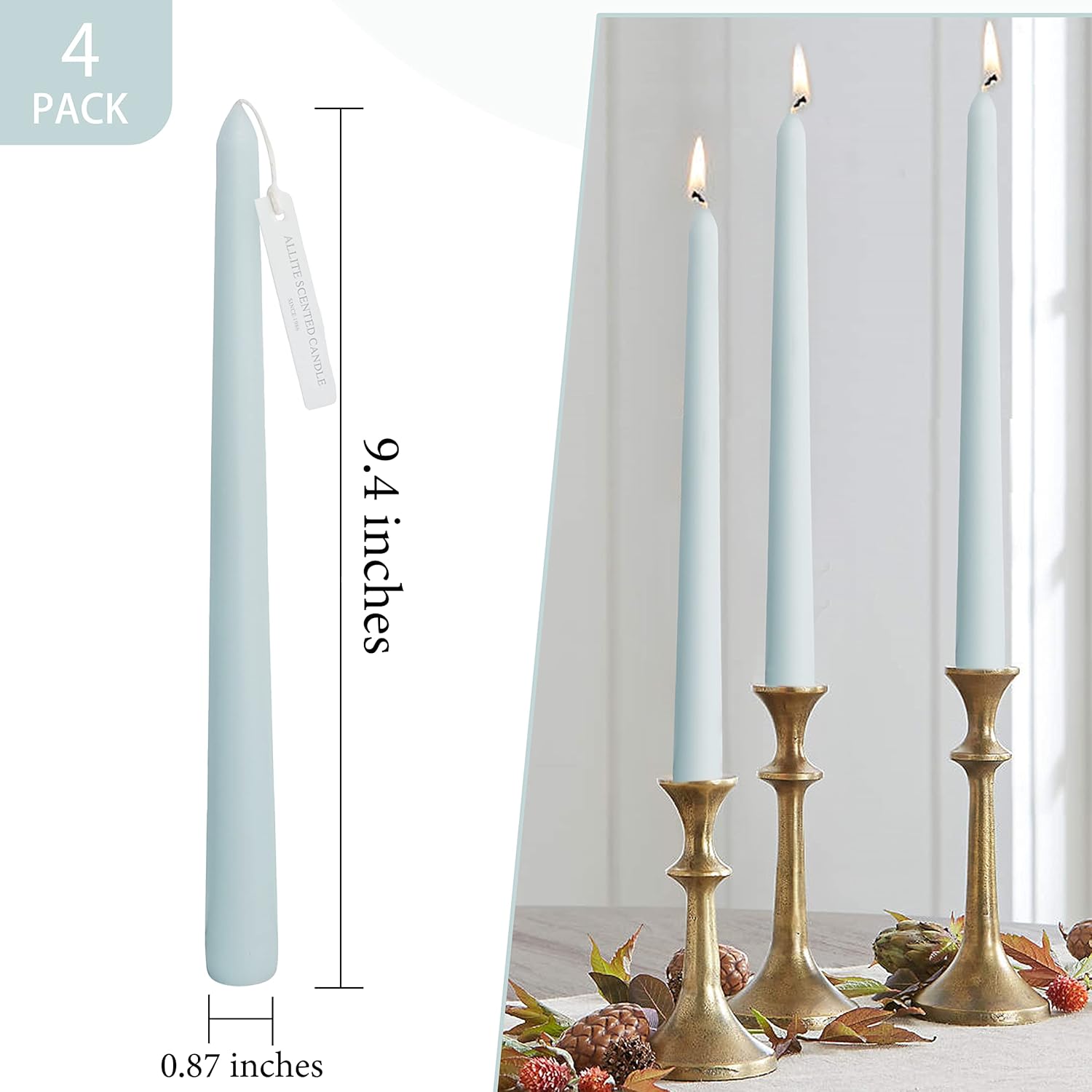 10 Inch Taper Candle Set Of 4 - Sea Salt Scented Candles - Soy Wax Home Decor Candles - Gift Ideas For Wedding Party Dinner Holiday Decoration