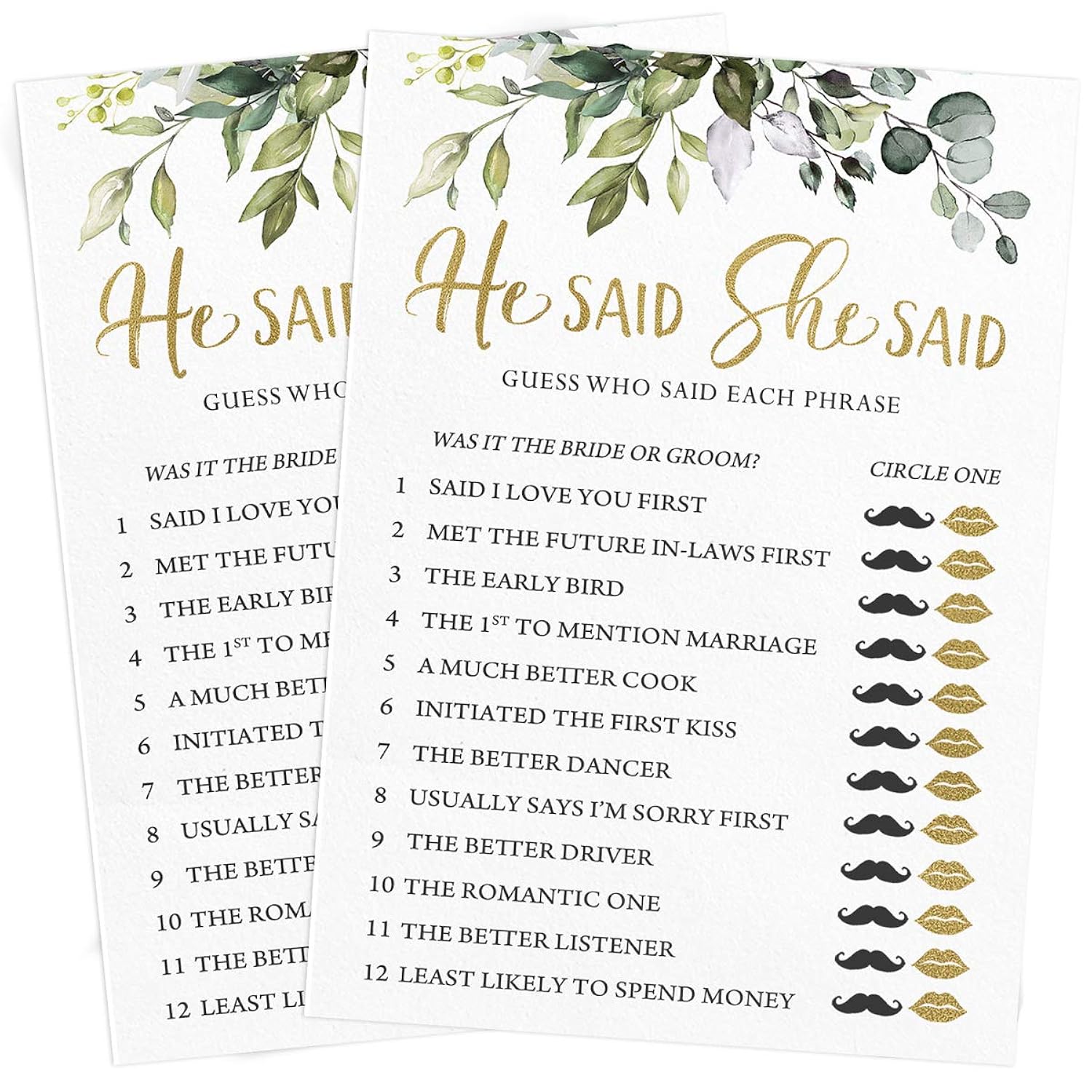 Bridal Shower Games – He Said She Said Game With Fun Bride And Groom Trivia, Wedding Shower Activity, Botanical Eucalyptus Theme, 50 Guests