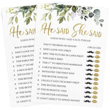 Bridal Shower Games – He Said She Said Game With Fun Bride And Groom Trivia, Wedding Shower Activity, Botanical Eucalyptus Theme, 50 Guests