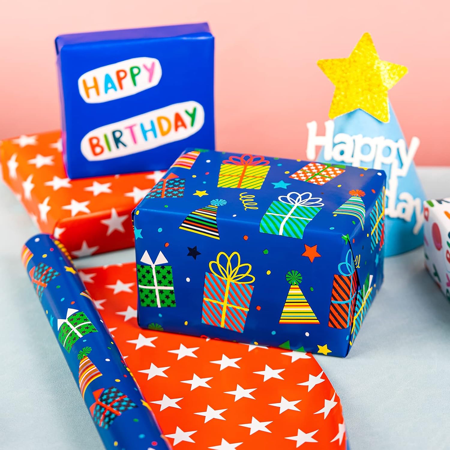 Reversible Birthday Wrapping Paper Roll - Mini Roll - 17 Inch X 10 Feet - Happy Birthday Wrapping Paper Perfect For Girls, Boys, Kids
