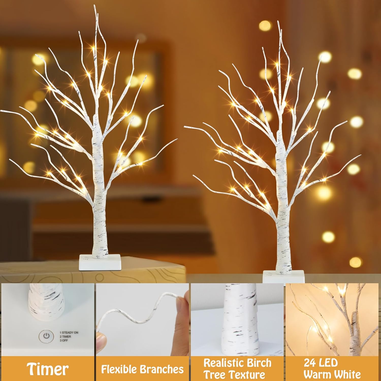 Valentines Day Decorations 2Pack Birch Tree With Hanging Heart-Shaped Ornaments, Lighted Artificial Trees With 24 Led Pink&Red Lights, Light Up Twig Tabletop Battery Operated For Home Indoor Table