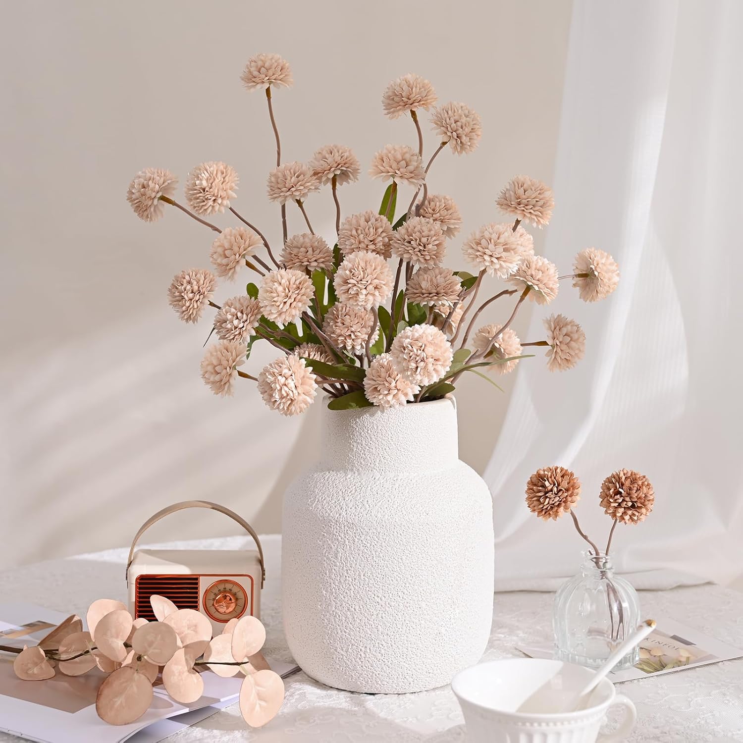 10Pcs Fake Silk Pompon Mum Artificial Flowers, Bulk Faux Mini Chrysanthemums, For Centerpieces Wedding Fillers Champagne Arrangements Boho Decor, No Vase, Beige