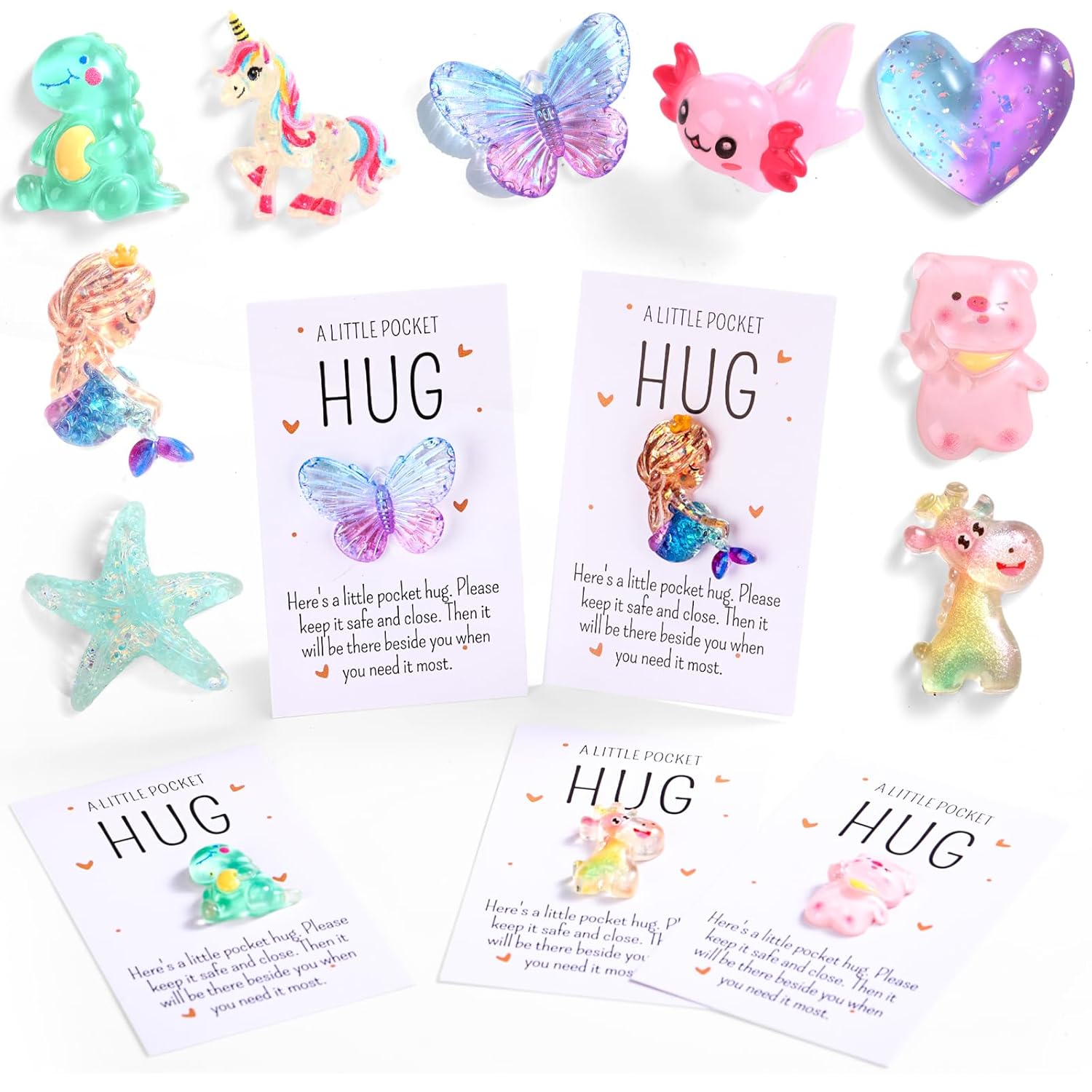 9 Sets Pocket Hug Bulk Valentines Positive Little Resin Animal Token Emotional Gifts With Inspirational Card For Friends Family Coworker Staff Student Teacher Gifts(Gradient Style)