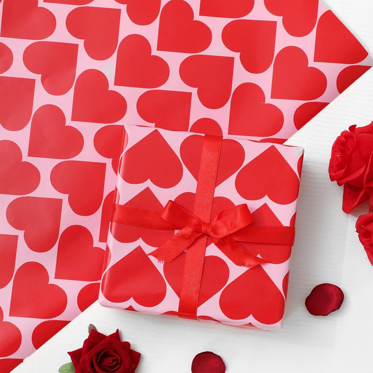 Valentine'S Day Wrapping Paper -Mini Roll- 17 In X 32.8 Ft Red Pink Heart Gift Wrap Paper For Wedding Birthday Baby Shower Party Wrapping Supplies