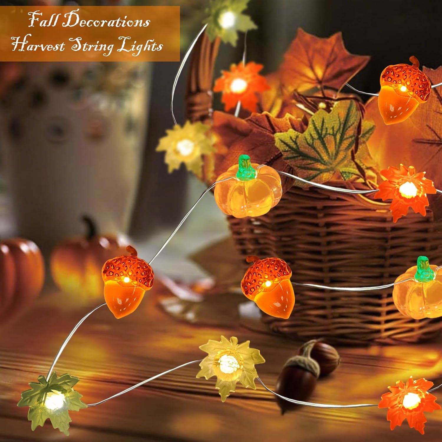 Thanksgiving Decor Lights 16.7Ft 50 Led 3D Pumpkin Acorn Maple Leaf Fairy String Light Fall Lights Battery Powered For H