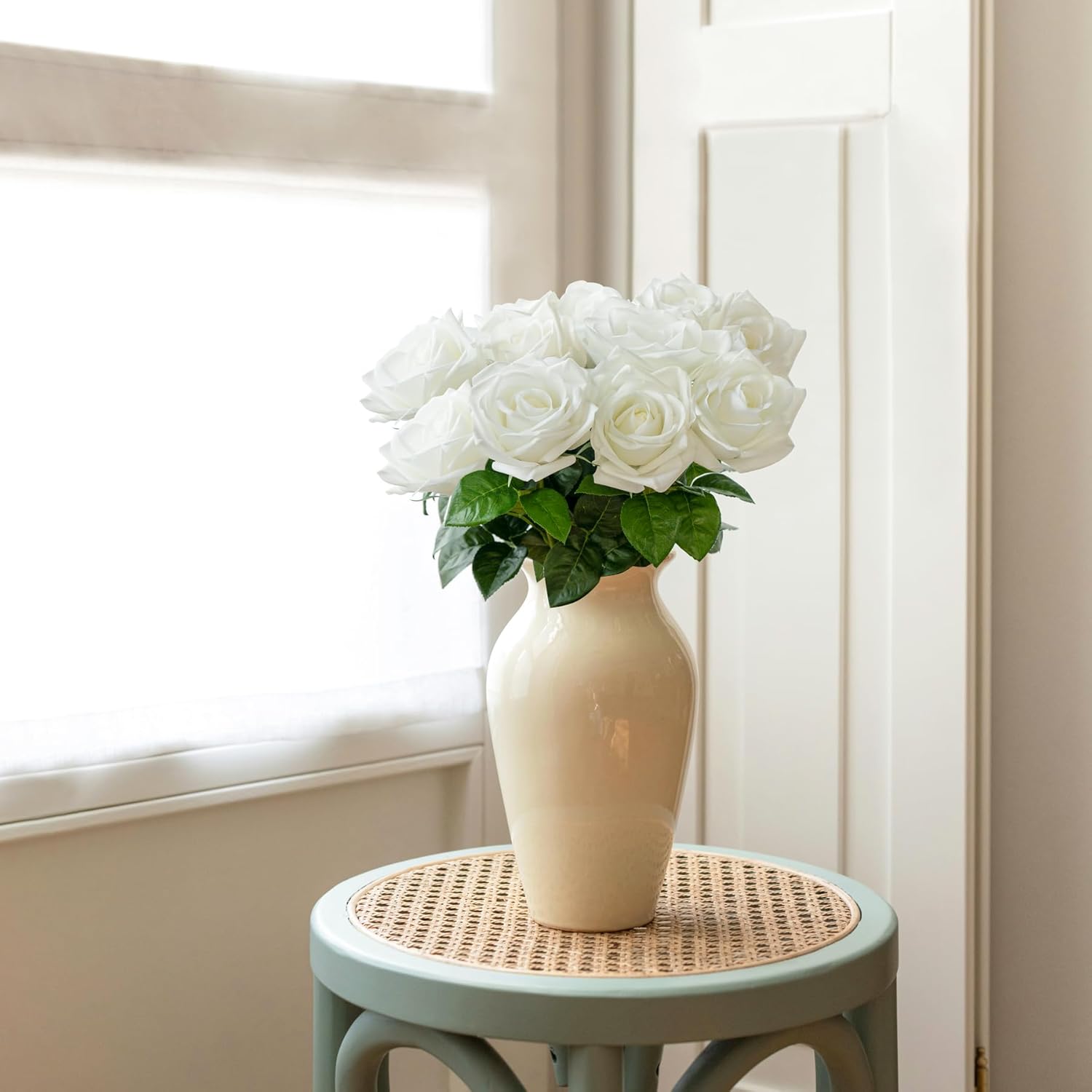 Rose Artificial Flowers 10 Pcs Fake Rose Bouquet Silk Faux Flowers With Long Stem Realistic Blossom Roses For Home Decor Wedding Party Valentine'S Day Diy Decorations (White)