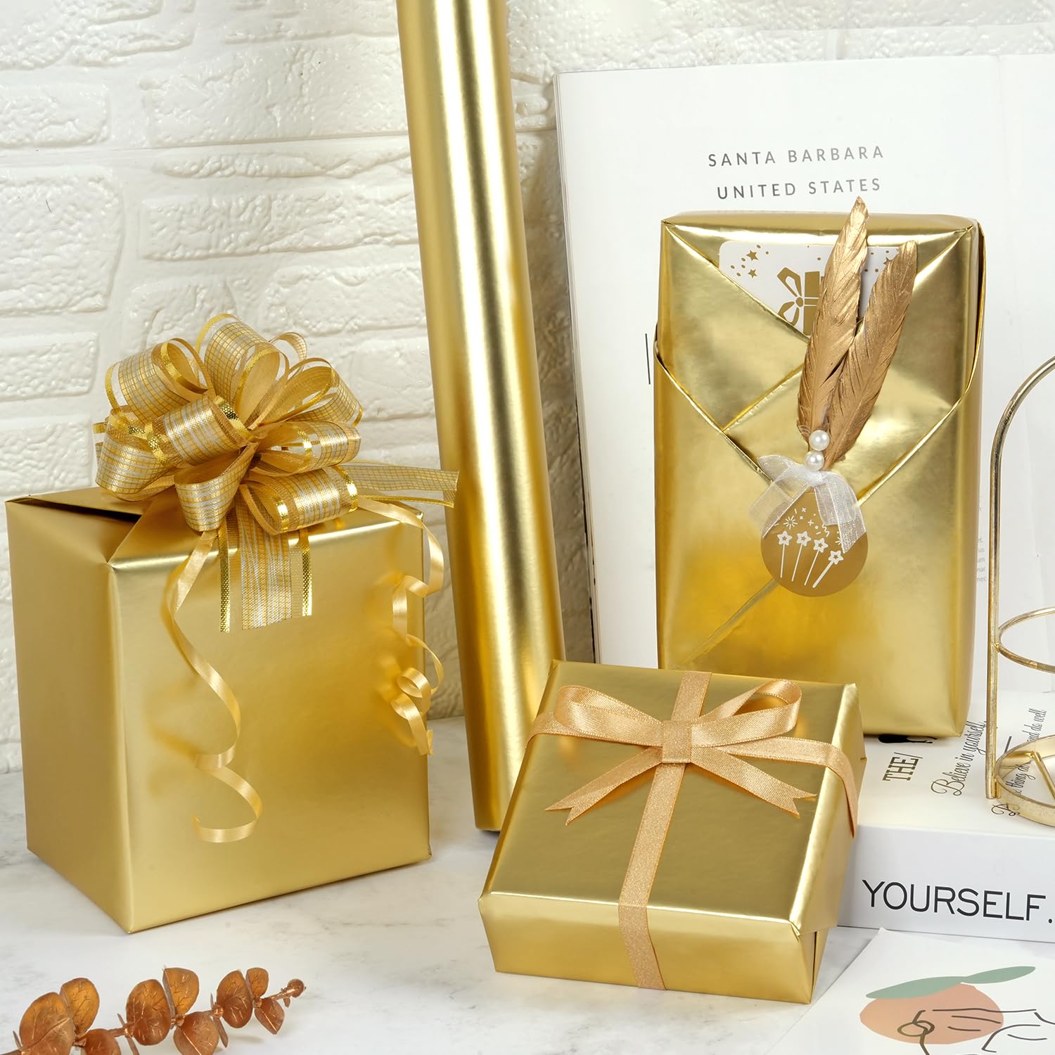 Gold Metallic Wrapping Paper Roll - Matte Solid Color Gift Wrap Paper - Gold Gift Wrapping Paper For Birthday Christmas Wedding Mother'S Day Graduation, 17 Inches X 32.8 Feet