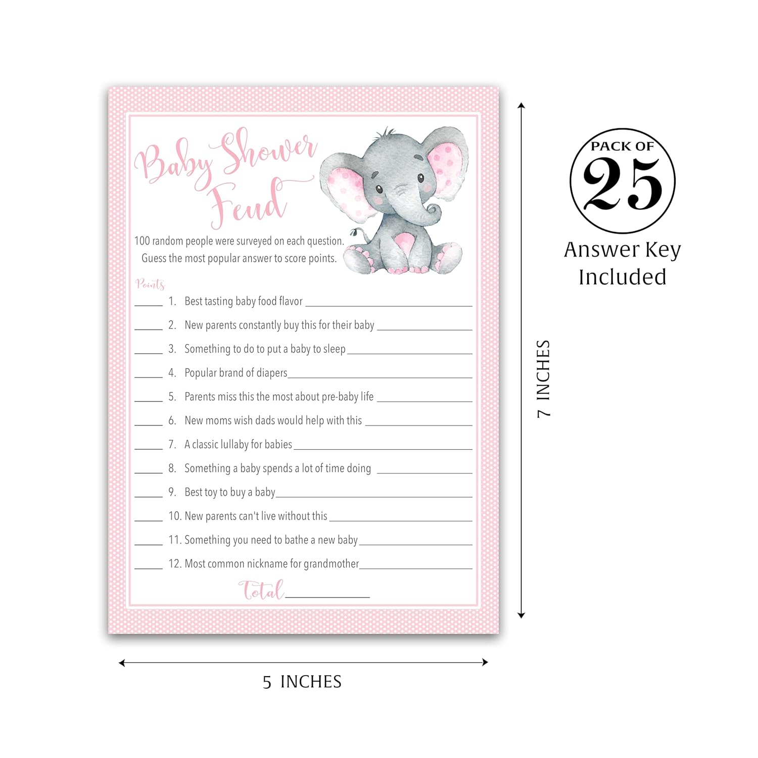 Girl Baby Shower Feud Game — Pack Of 25 — Fun Shower Family Feud Games, Pink Elephant Baby Shower Activity, Little Peanut Baby Shower Fued Games, Couples Shower G500-Bsf1