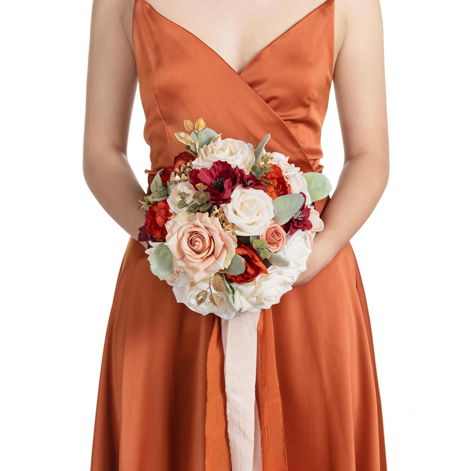 Terracotta Bridal Bouquet For Bride, Burnt Orange Wedding Bouquets For Bride Maid Of Honor Bridesmaid, 9 Inch Silk Round Artificial Wedding Flowers Bouquets, Small Bridesmaid Bouquet