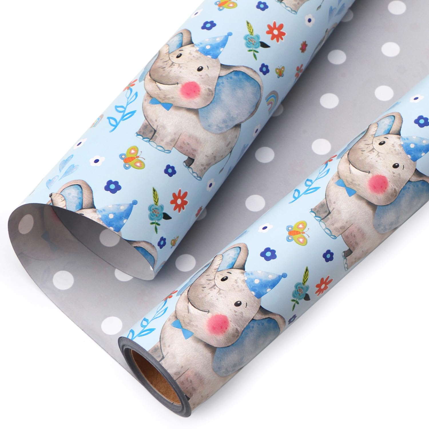 Reversible Baby Boy Wrapping Paper Blue Elephant With Gray Polk Dots Paper For Baby Shower Kids Birthday Party - 17Inch X 394Inch(33Feet)