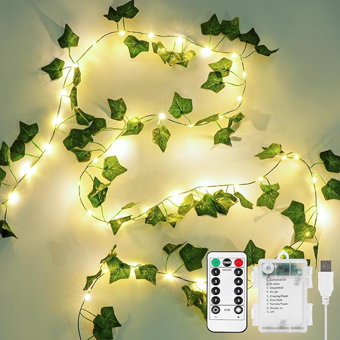 33FT 100 LED Ivy Vine Fairy Lights with Remote Control Battery and USB Powered Fake Leaf String Lights for Bedroom Garden Wall Party Wedding Room Decor