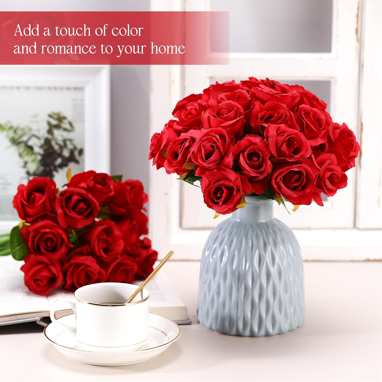 240 Pcs Artificial Rose Flowers Bouquet Silk Realistic Flowers Bulk Centerpieces Diy Bride Fake Rose For Home Bridal Wedding Party Decorations(Red)