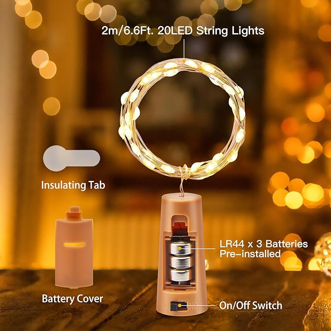 10 Pack Wine Bottle Lights with Cork 20 LED Battery Operated Waterproof Silver Wire Fairy Lights for DIY Party Bar Wedding Christmas Decor