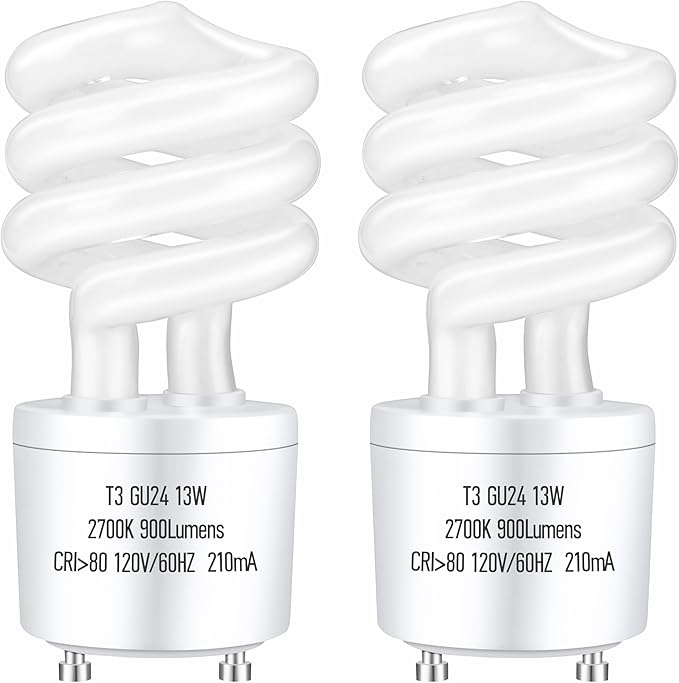 GU24 13W CFL Light Bulbs T3 Spiral 2700K Soft White 900 Lumens 60W Equivalent 2 Pack