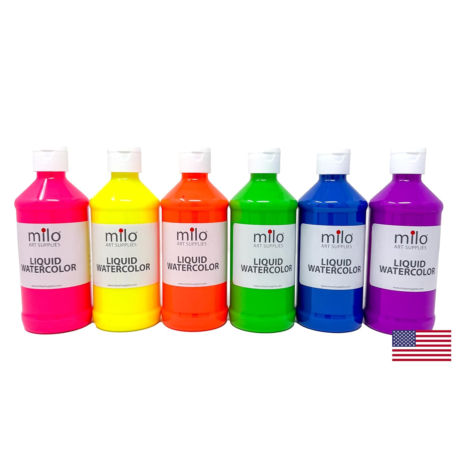 milo Fluorescent Liquid Watercolor Paint Set of 6 Colors | 8 oz Bottles | Neon, Washable, Safe and Non-Toxic | Made in the USA | Glows UV with Black Light | Water Color Arts & Crafts Paints