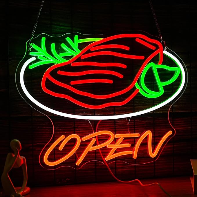 Beef Open Neon Sign LED Dimmable Steak Wall Light for Steakhouse BBQ Restaurant Decor