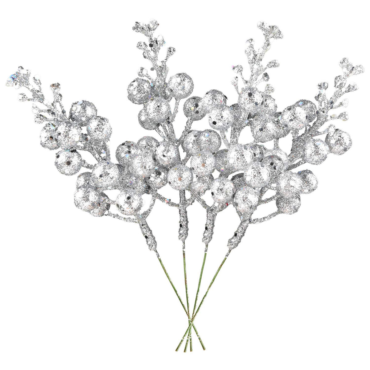 14 Pack Christmas Glitter Berries Stems, 7.8Inch Silver Artificial Christmas Picks For Christmas Tree Ornaments, Diy Xmas Wreath, Crafts, Holiday And Home Decor
