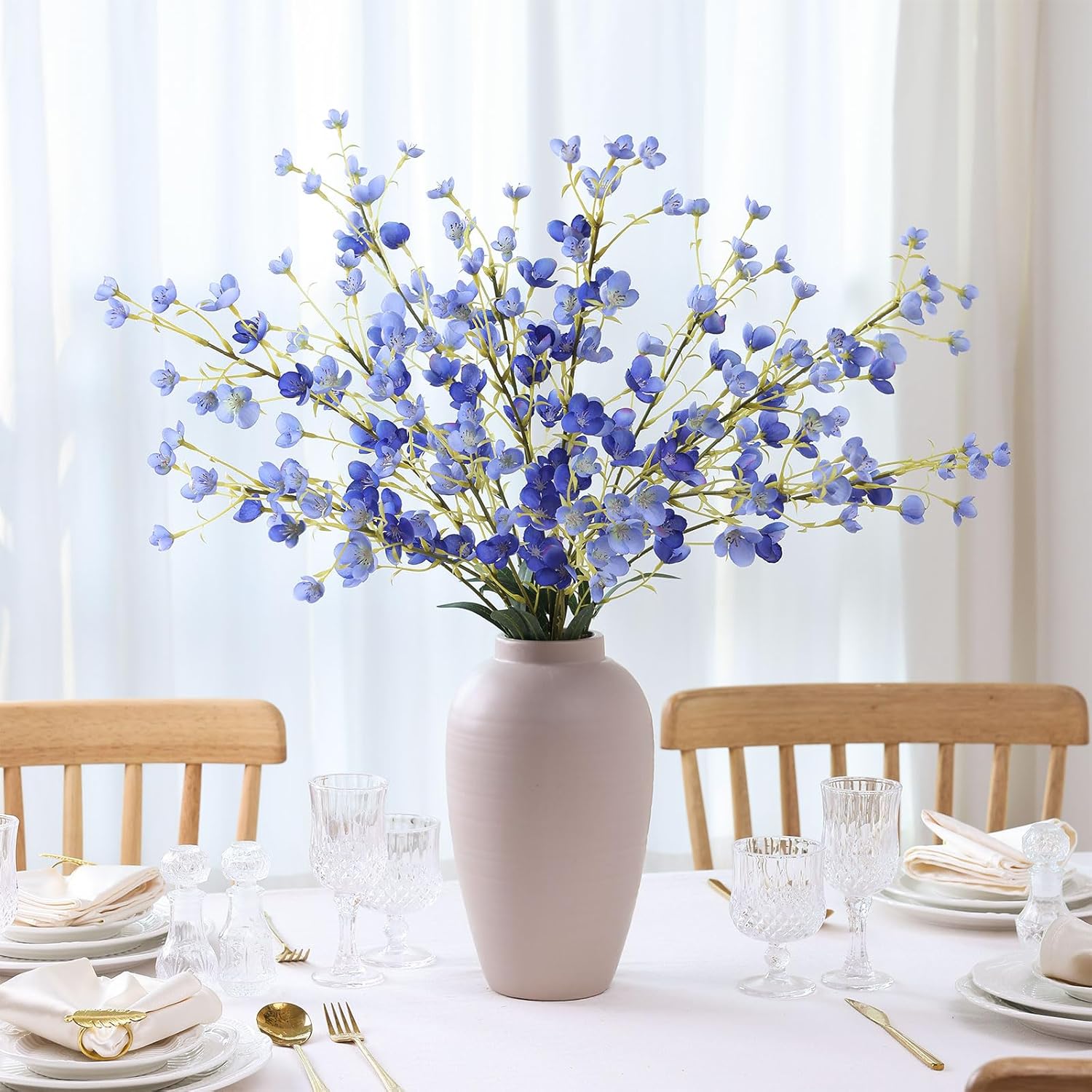 4Pcs Blue Pear Blossom Artificial Flower 37" Fake Silk Flowers With Stem Faux Flowers Bouquet For Vase Table Centerpieces Arrangements Home Decor Wedding Decorations (Blue)