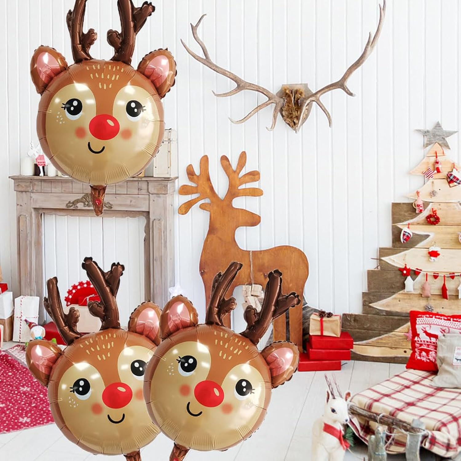 Reindeer Balloons Christmas Foil Balloons For Reindeer Themed Party Decoration Supplies Christmas Birthday Decoration Decor Ballons Arch Kits Party Balloon Set 3Pcs