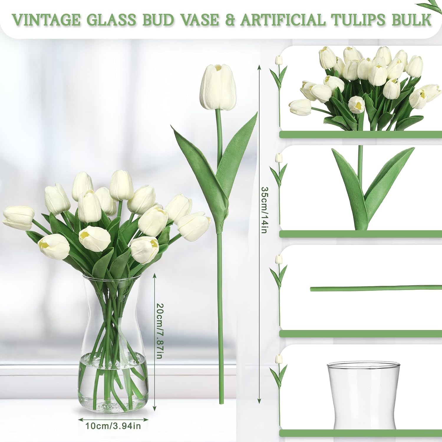 20Pcs Artificial Tulips 14 Inch Real Touch Silk Fake Flowers With Vase For Spring Easter Home Kitchen Wedding Bouquet Bulk Mother'S Day Valentine'S Day Decorations(Cream White)