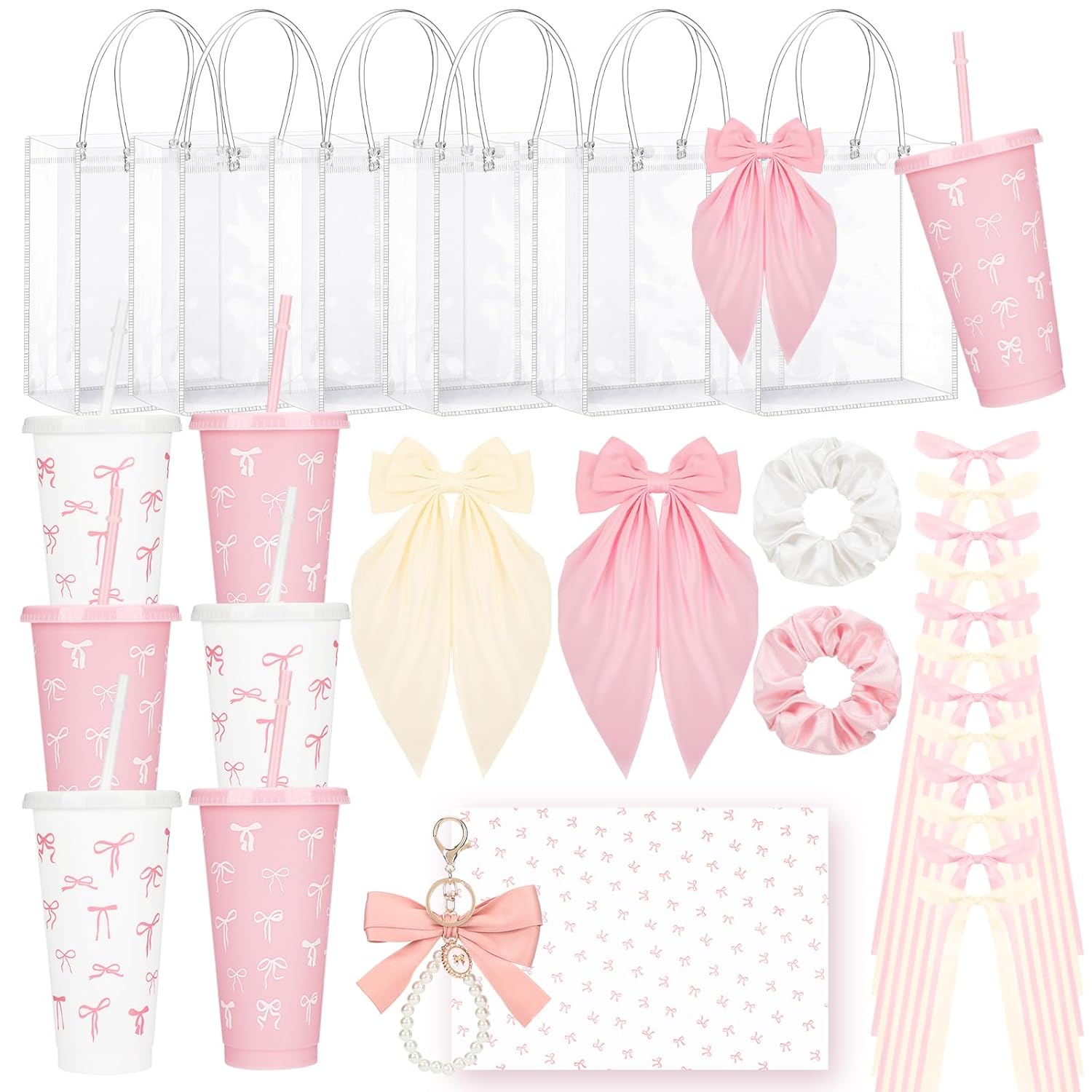 6 Set Baby Shower Game Prizes For Winners Coquette Bow Thank You Gift Bulk Including Coquette Cups Keychains Hair Accessories Gift For Christmas Party