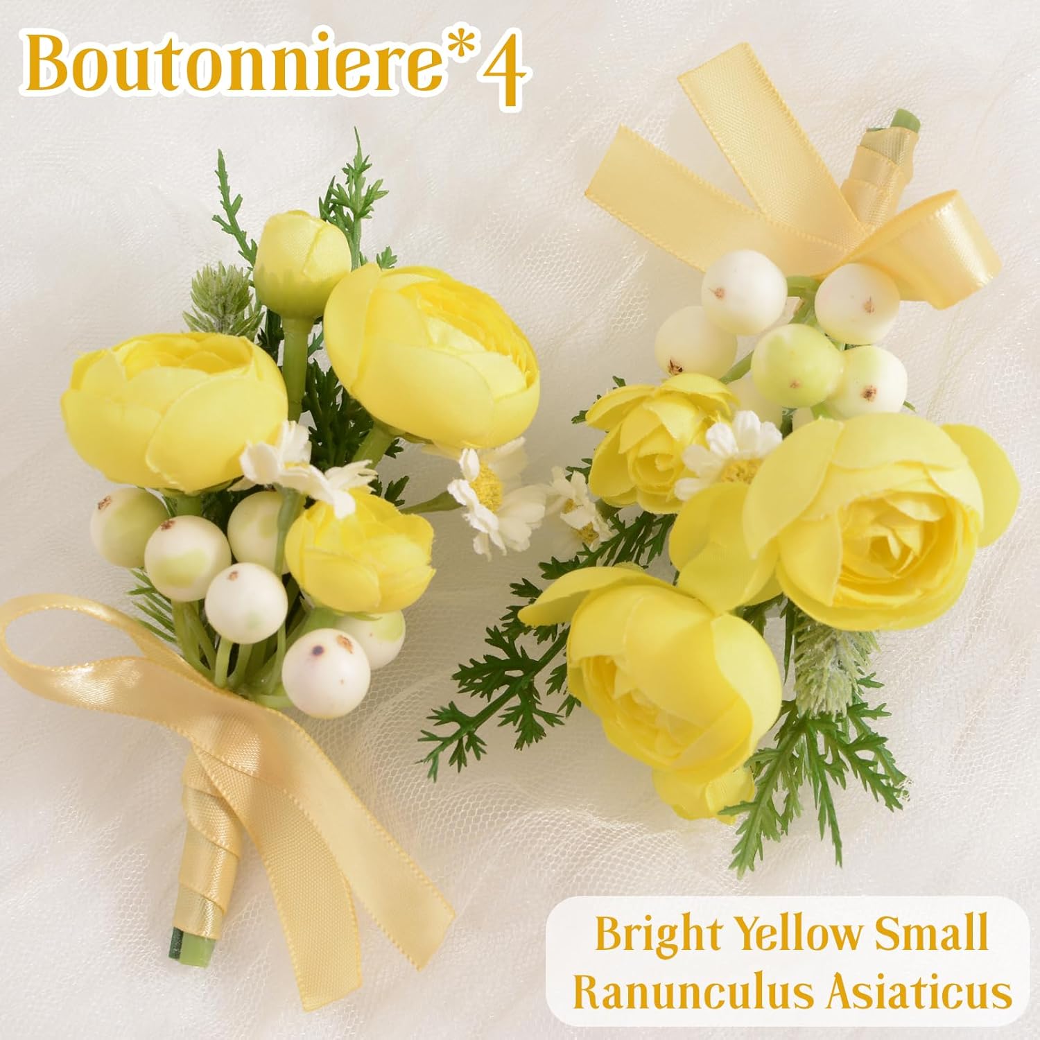 4 Pcs Wedding Corsage And Boutonniere, Artificial Light Yellow Flower Rose Hand Flower Set For Graduation Prom Wedding Party