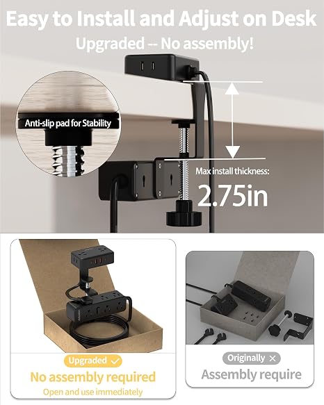 Desk Clamp Power Strip 13 Outlets 4 USB Ports 1700J 10FT Extension Cord Black