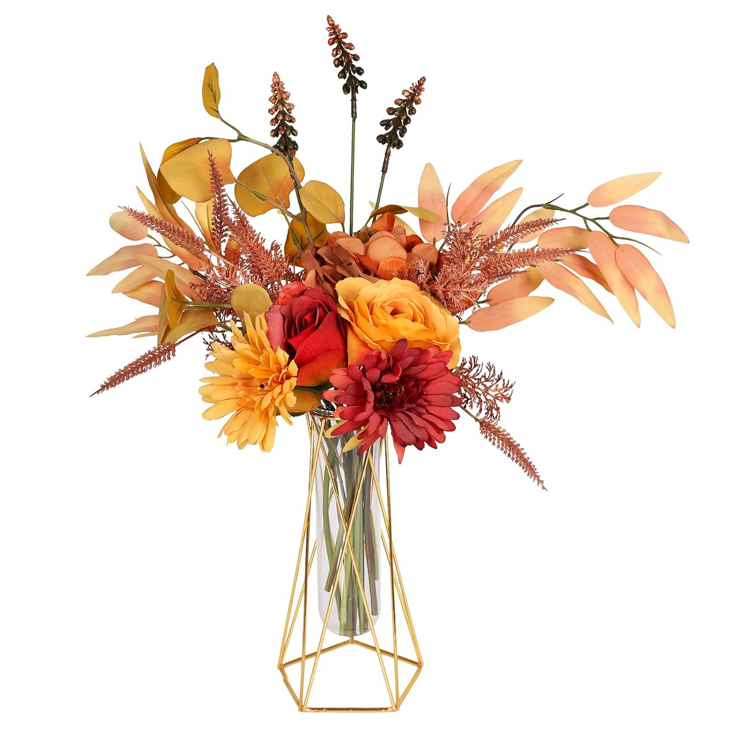 Fake Flowers With Vase, Artificial Flowers For Decoration Faux Flowers Arrangements Bouquet For Home Decor Table Centerpieces Kitchen Dining Room Wedding ?Deep Orange?